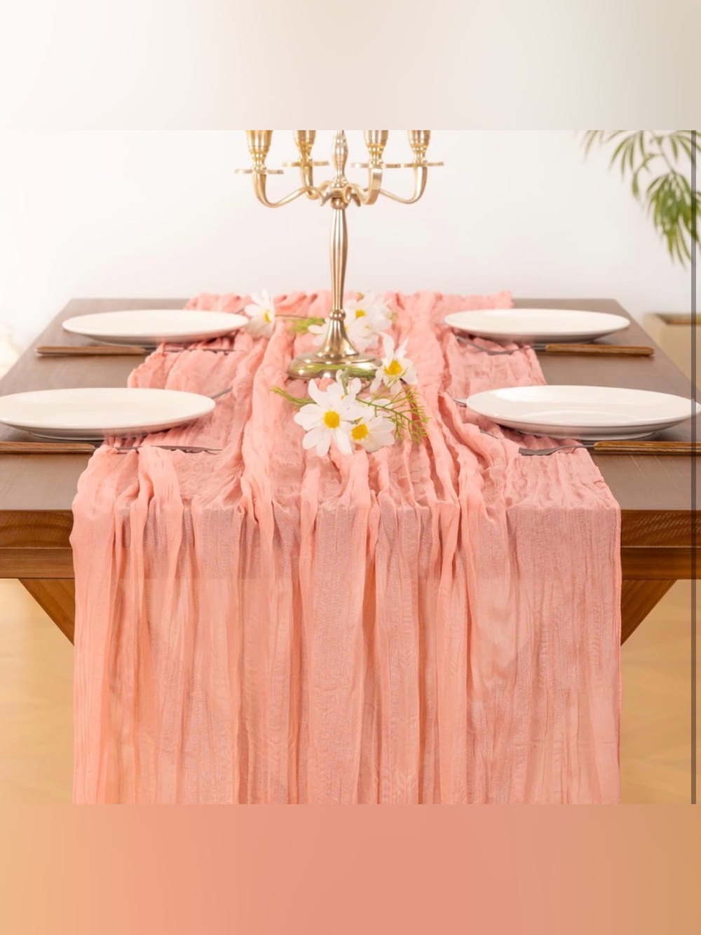 Peach Ruffled Table Runner (2)- Elegant Home Dining Accent
